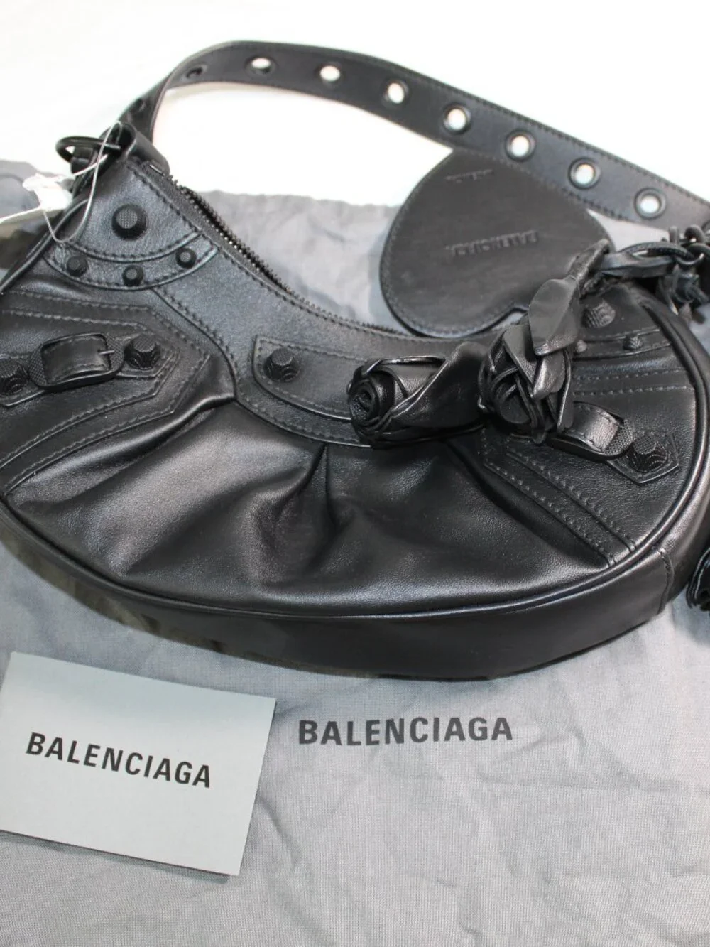 NEW Balenciaga Black Leather Le Cagole Rose Shoulder Bag Crossbody with Mirror